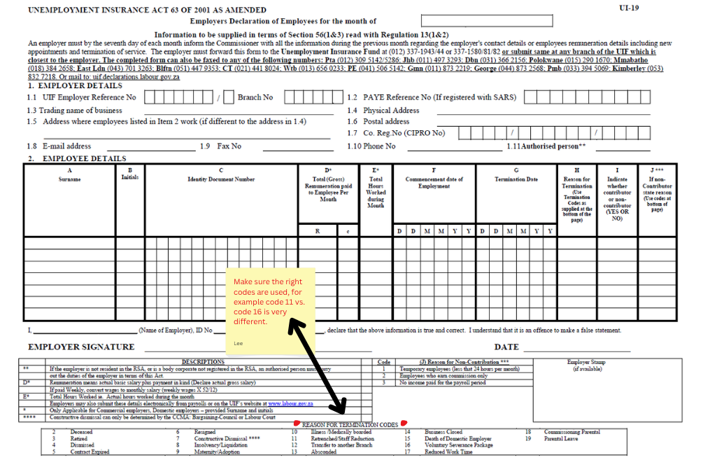 Example U-19 form with the termination code section highlighted
